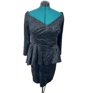 Vintage 80s Black Crushed Velvet Peplum Dress Off Shoulder Goth Glam Cocktail